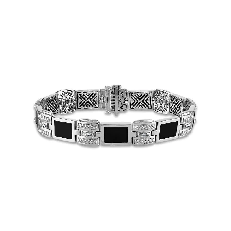 engraved legacy chain bracelet-1/10 CTW Diamond and Black Onyx Link 8.5-inch Bracelet in Rhodium Plated Sterling Silver