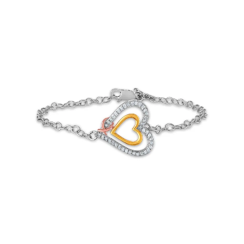 nature-themed crest bracelet-1/5 CTW Diamond 7-inch Heart Bracelet in Tri-Color Sterling Silver