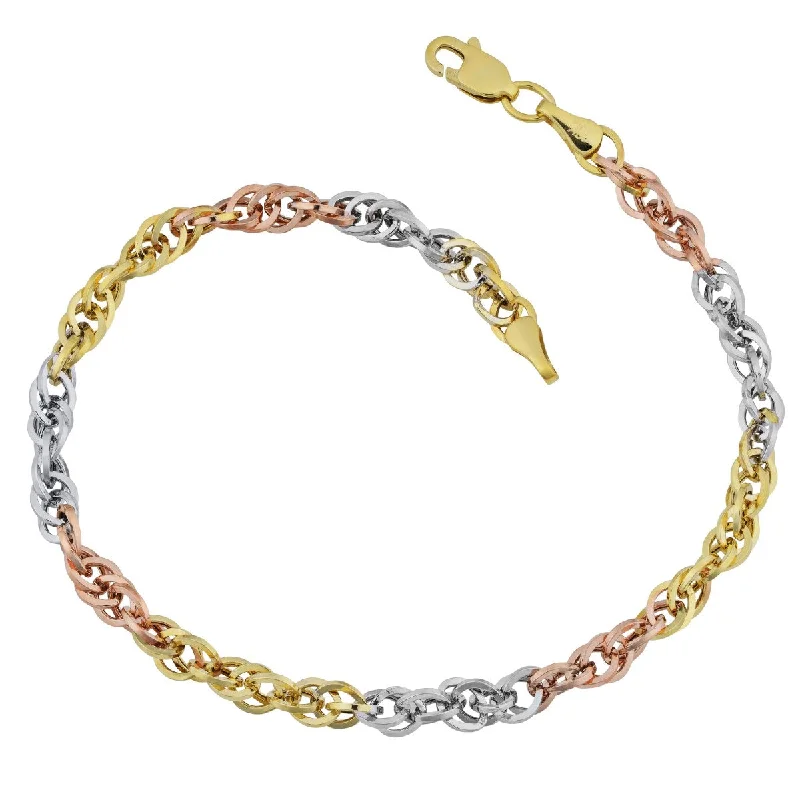 adjustable fern charm bracelet-10KT Gold Tri-Color 7.25-inch 4MM Cable Double Link Bracelet