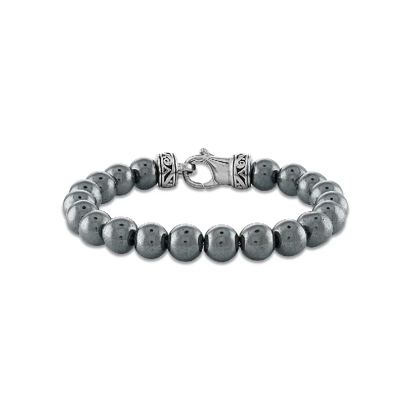 adjustable peak bracelet-10MM Round Hematite Beaded Bracelet in Stainless Steel