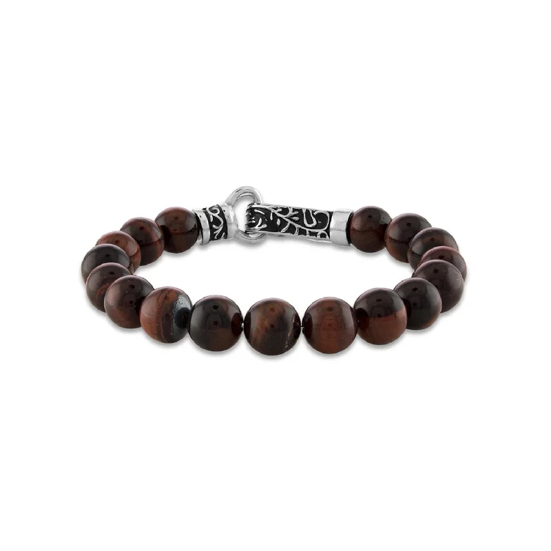 modern stacked garnet bracelet-10MM Round Tiger Eye Beaded Bracelet in Stainless Steel