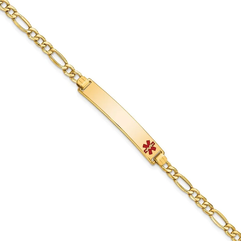 modern sleek twist bracelet-14k Yellow Gold 6.5mm Semi-solid Medical Red Enamel Figaro ID Bracelet, 7"