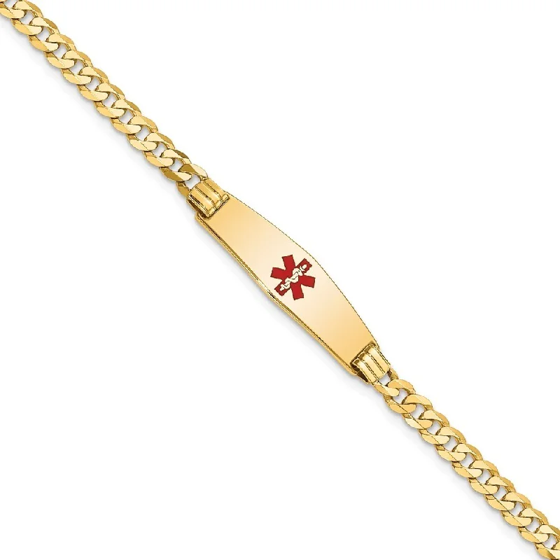 modern sleek twist bracelet-14k Yellow Gold 7.5mm Medical Soft Diamond Shape Red Enamel Curb Link ID Bracelet, 7"