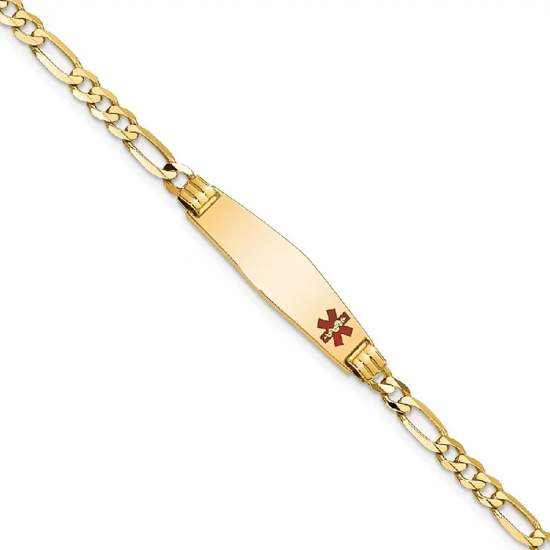 modern stacked kunzite bracelet-14k Yellow Gold 7.5mm Medical Soft Diamond Shape Red Enamel Figaro ID Bracelet, 7"