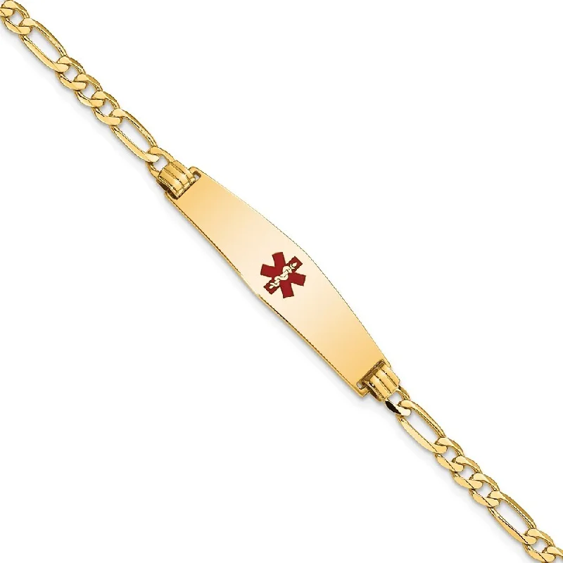 modern sleek orbit bracelet-14k Yellow Gold 8.5mm Medical Soft Diamond Shape Red Enamel Flat Figaro Link ID Bracelet, 7"