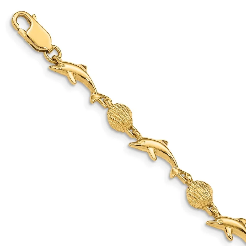 floral-inspired kunzite bracelet-14k Yellow Gold 8mm Dolphin and Shell Bracelet, 7"