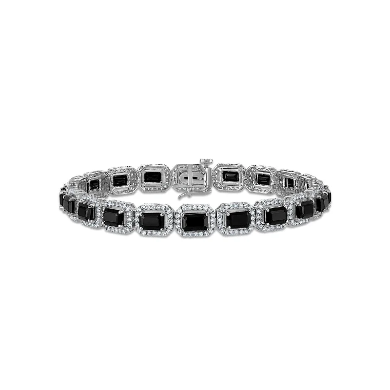 bohemian arrowhead bracelet-6X4MM Emerald Shape Black Spinel and White Sapphire 7.5-inch Halo Tennis Bracelet in Rhodium Plated Sterling Silver