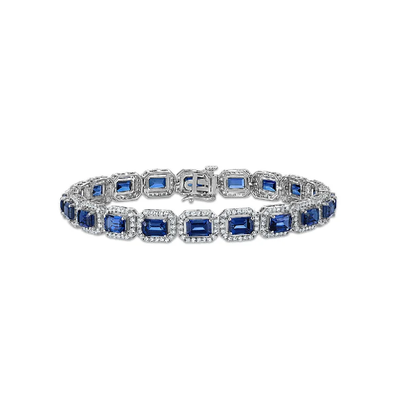 polished gold stack bracelet-6X4MM Emerald Shape Blue Sapphire and White Sapphire 7.5-inch Halo Tennis Bracelet in Rhodium Plated Sterling Silver