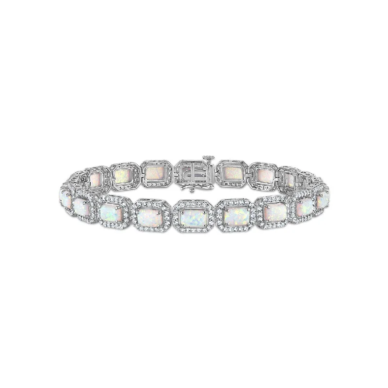 engraved bond chain bracelet-6X4MM Emerald Shape Opal and White Sapphire 7.5-inch Halo Tennis Bracelet in Rhodium Plated Sterling Silver