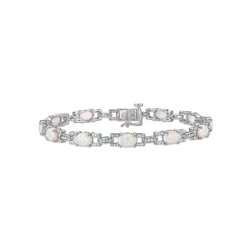 vintage-inspired opal bracelet-7X5MM Oval Opal and White Sapphire 7.5-inch Tennis Bracelet in Rhodium Plated Sterling Silver