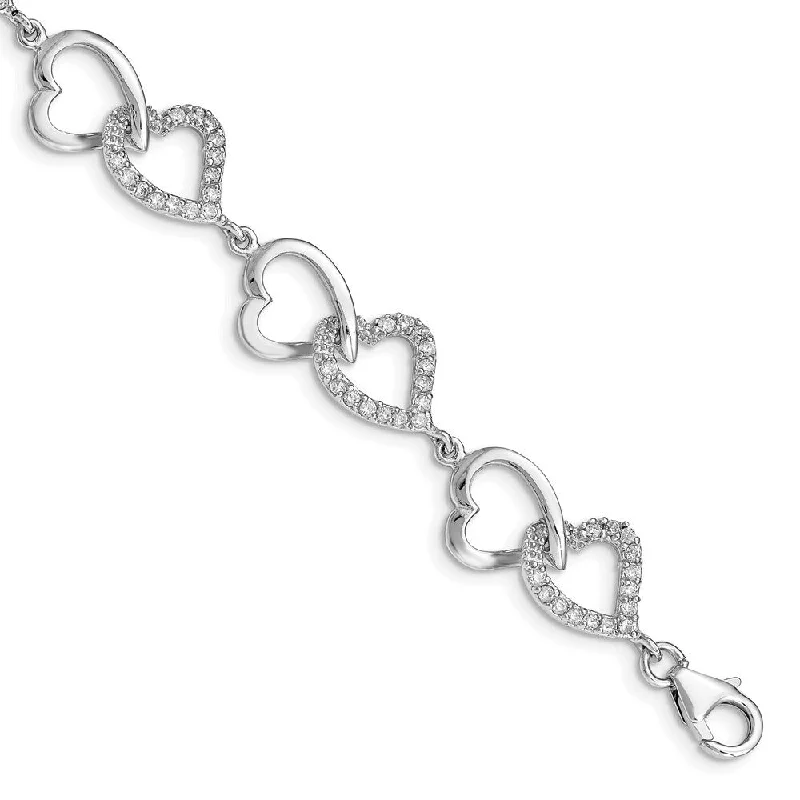 art deco kunzite bracelet-925 Sterling Silver Rhodium-plated Cubic Zirconia Heart Bracelet, 7.75"