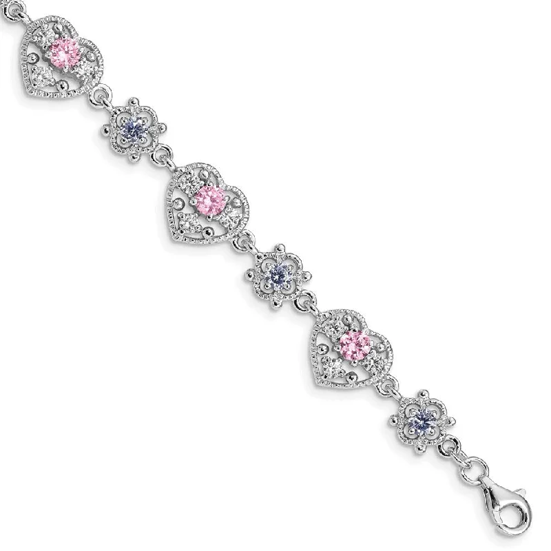 polished silver orbit bracelet-925 Sterling Silver Rhodium-plated Pink and Clear Cubic Zirconia Heart Bracelet, 7"