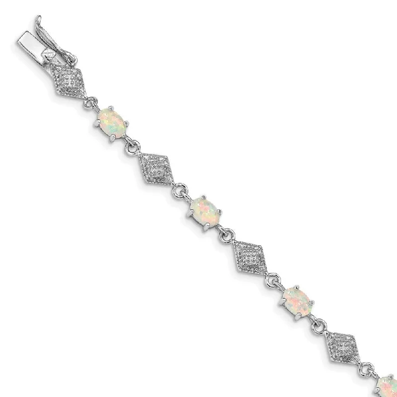 minimalist trapezoid bracelet-925 Sterling Silver Rhodium-plated White Created Opal and Cubic Zirconia Bracelet, 7"