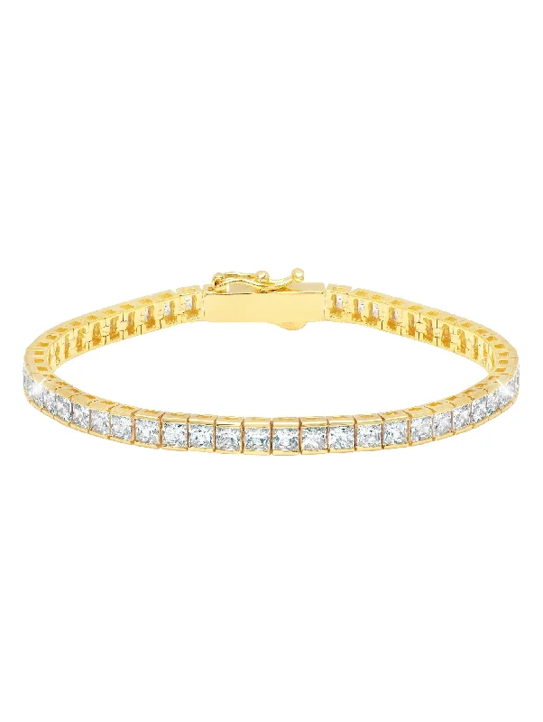 antiqued silver charm bracelet-Classic Medium Princess Tennis Bracelet Finished in 18kt Yellow Gold