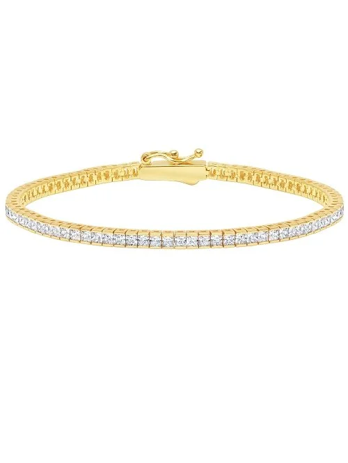 polished silver stack bracelet-Classic Small Princess Tennis Bracelet Finished in 18kt Yellow Gold