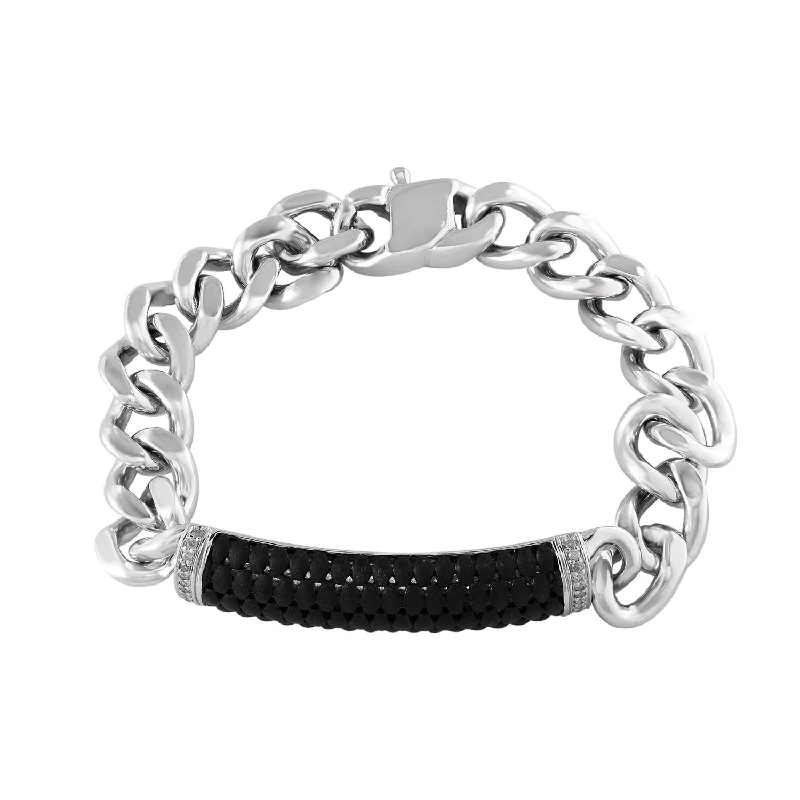 modern fused-stack bracelet-EFFY Round White Sapphire 8.5-inch Black ID Plate Fashion Bracelet in Rhodium Plated Sterling Silver