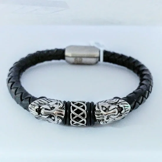 art deco kunzite bracelet-Stainless Steel Black Leather Bracelet