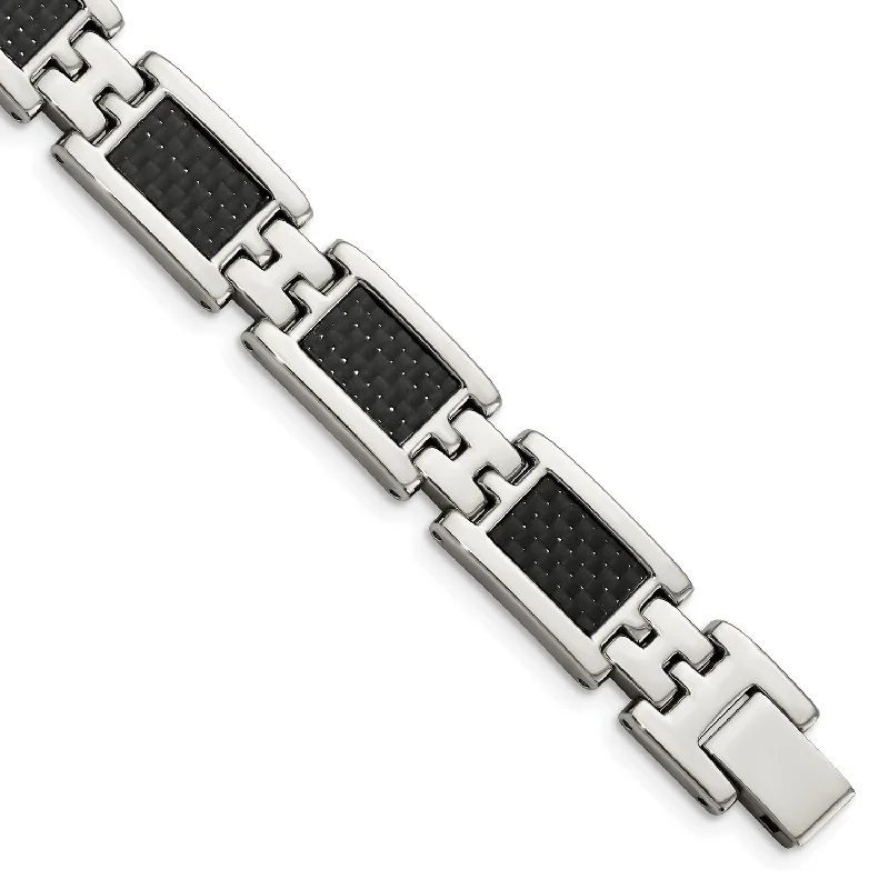 dainty thorn chain bracelet-Stainless Steel Polished Black Carbon Fiber Inlay 9in Bracelet