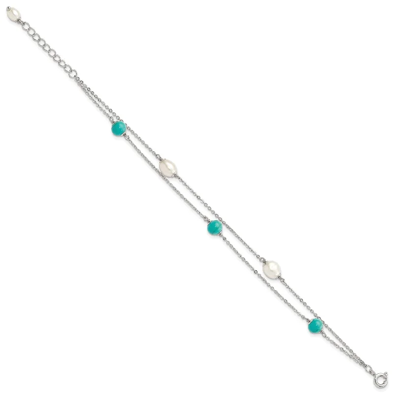 modern fused-chain bracelet-Sterling Silver 5X8MM Pearl and Turquoise 8-inch Bracelet