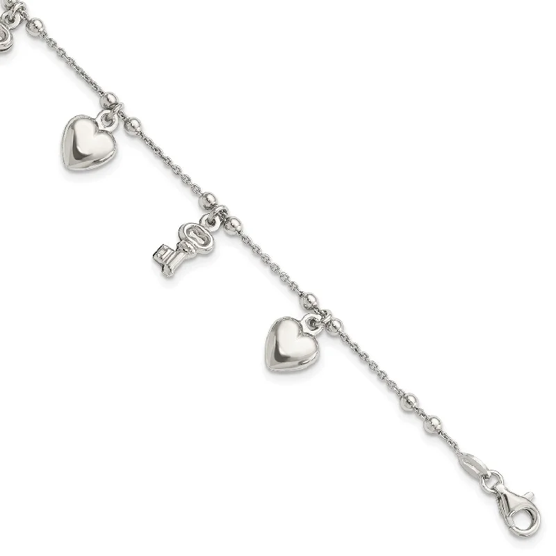 vintage-style sapphire bracelet-Sterling Silver 6.75-inch Heart Key Charm Bracelet