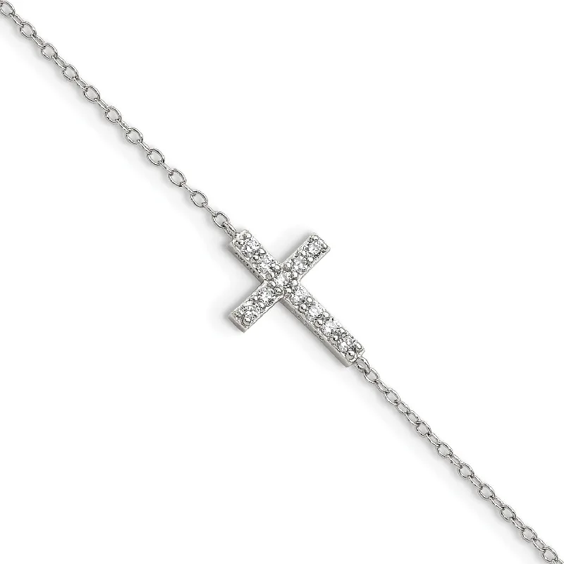 polished bronze chain bracelet-Sterling Silver Cubic Zirconia 8-inch Cross Bracelet