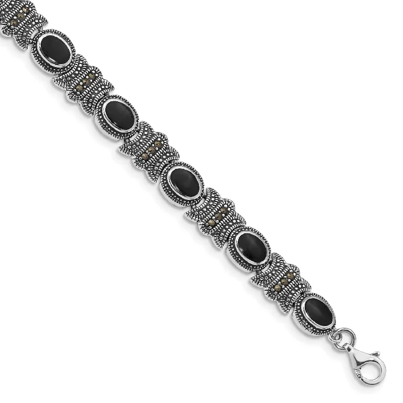 adjustable moss charm bracelet-Sterling Silver Onyx and Marcasite 7.25-inch 7MM Lobster Clasp Bracelet