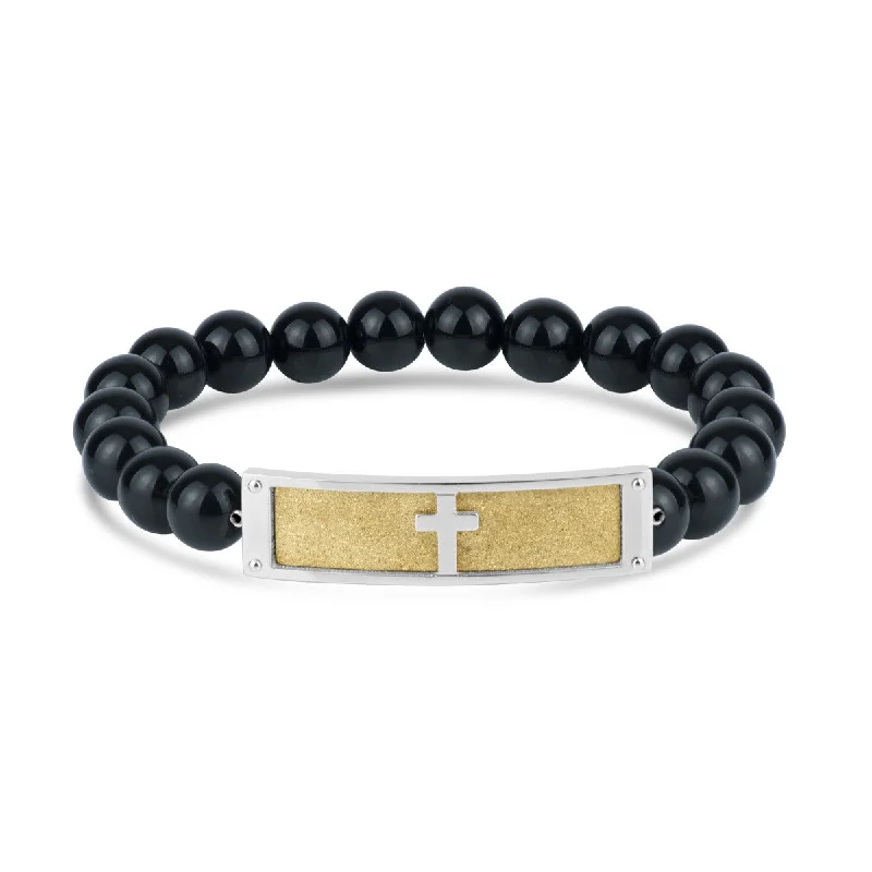 modern sleek ridge bracelet-Two-Tone Stainless Steel Cross 8-inch Beaded Bracelet