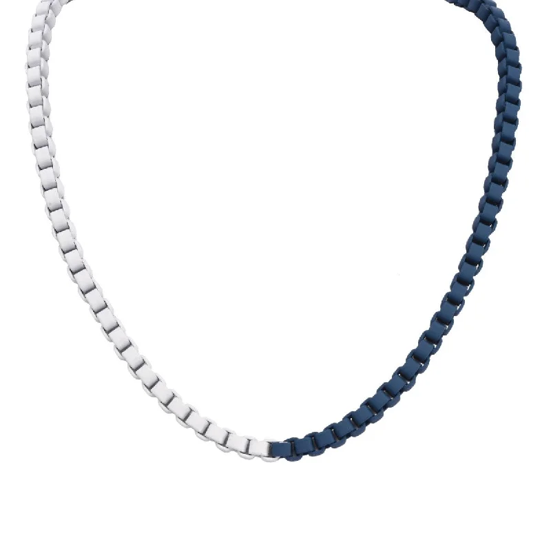 artisan-crafted platinum necklace-Blue and White Enameled Stainless Steel 24-inch 5MM Box Chain