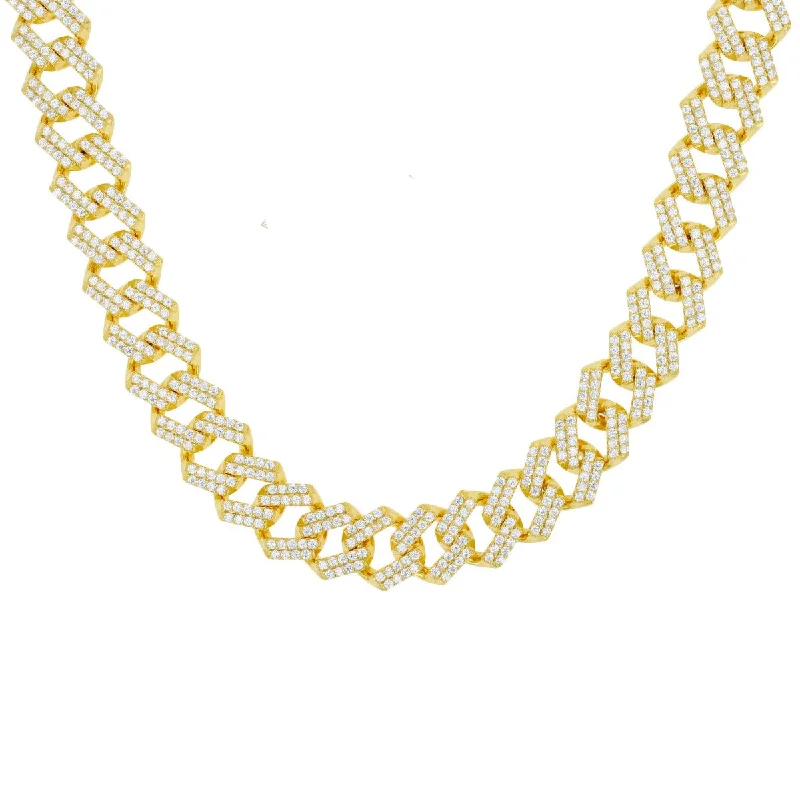 engraved trust chain necklace-Luxe Layers 14KT Yellow Gold Plated Sterling Silver Cubic Zirconia 24-inch 13MM Cuban Link Chain