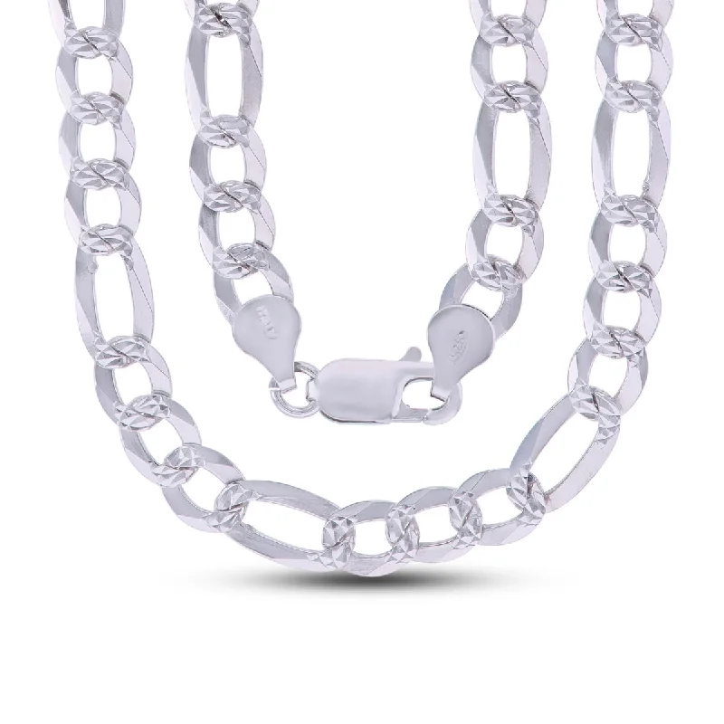 bold sapphire ridge necklace-Sterling Silver 24-inch 6.7MM Diamond-cut Pave Figaro Chain