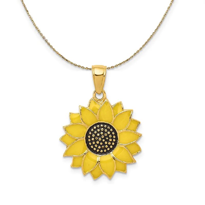 14k Yellow Gold 18mm Yellow Enameled Sunflower Necklace