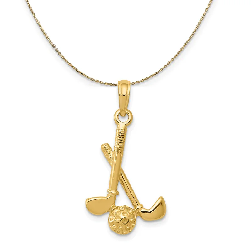 14k Yellow Gold 3D Golf Clubs and Ball Necklace