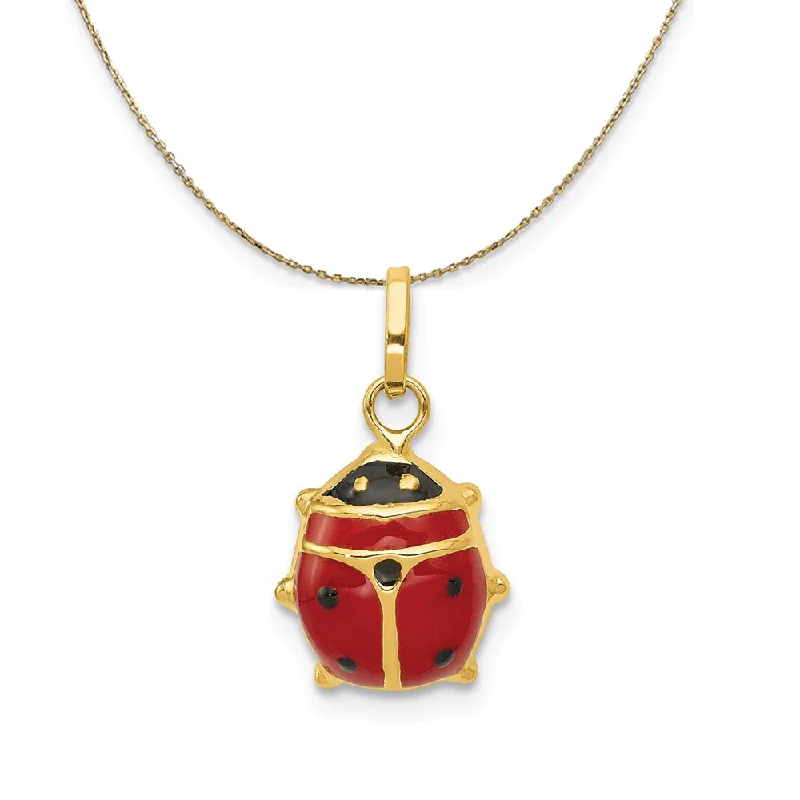 14k Yellow Gold 3D Red Enameled Ladybug (11mm) Necklace