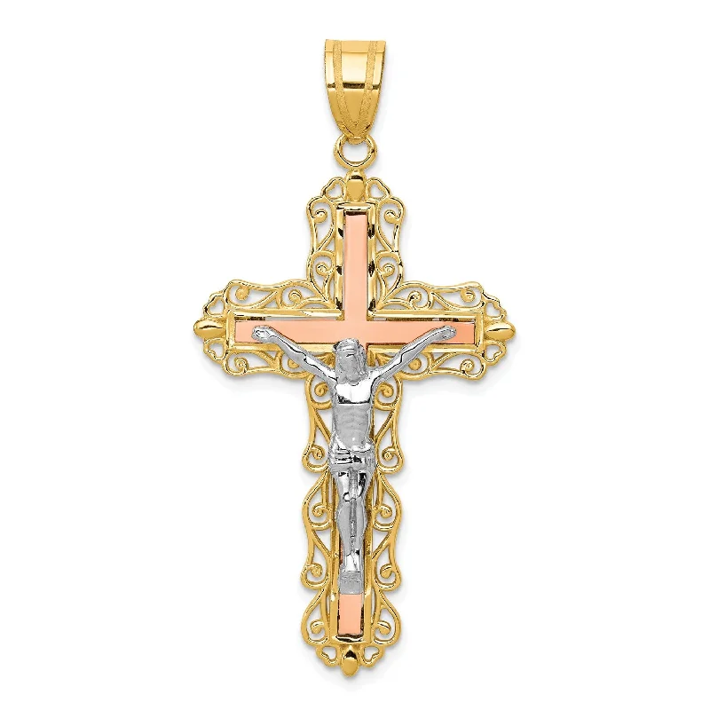 art deco spinel necklace-14KT Gold Tri-Color 50X25MM Diamond-cut Crucifix Cross Pendant. Chain Not Included