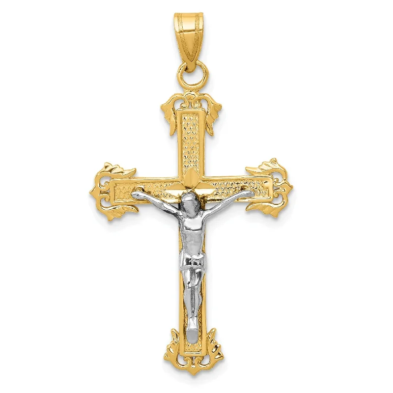 art deco spinel necklace-14KT White and Yellow Gold 40X22MM Diamond-cut Crucifix Cross Pendant. Chain Not Included