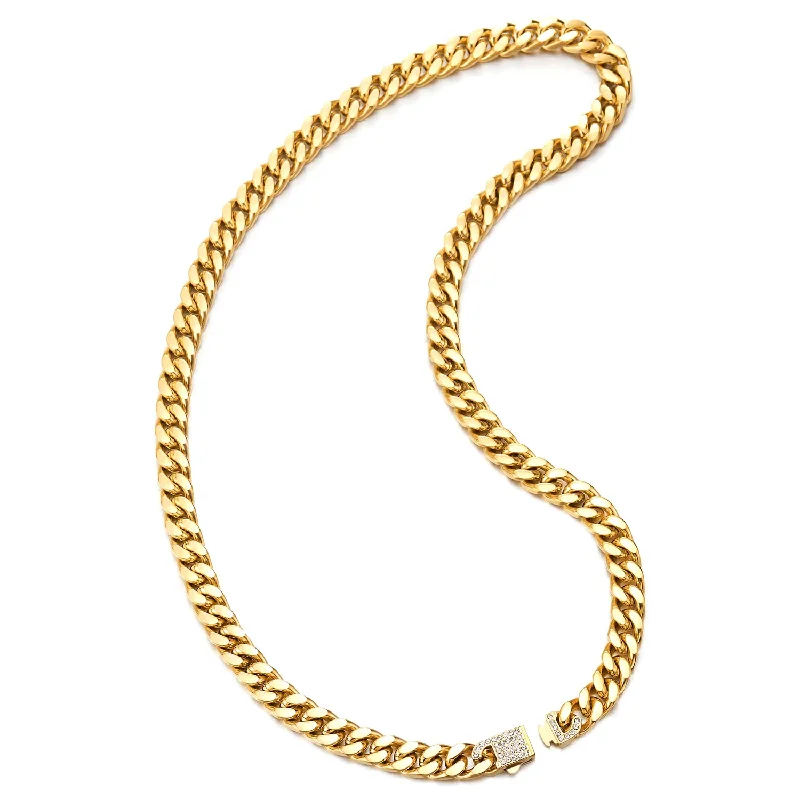 9MM 23.6 Inches Mens Women Steel Gold Color Curb Chain Miami Cuban Chain Necklace with Cubic Zirconia