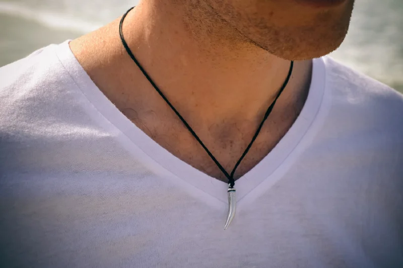 Silver alligator tooth necklace for men black cord, men's necklaces, gift for him