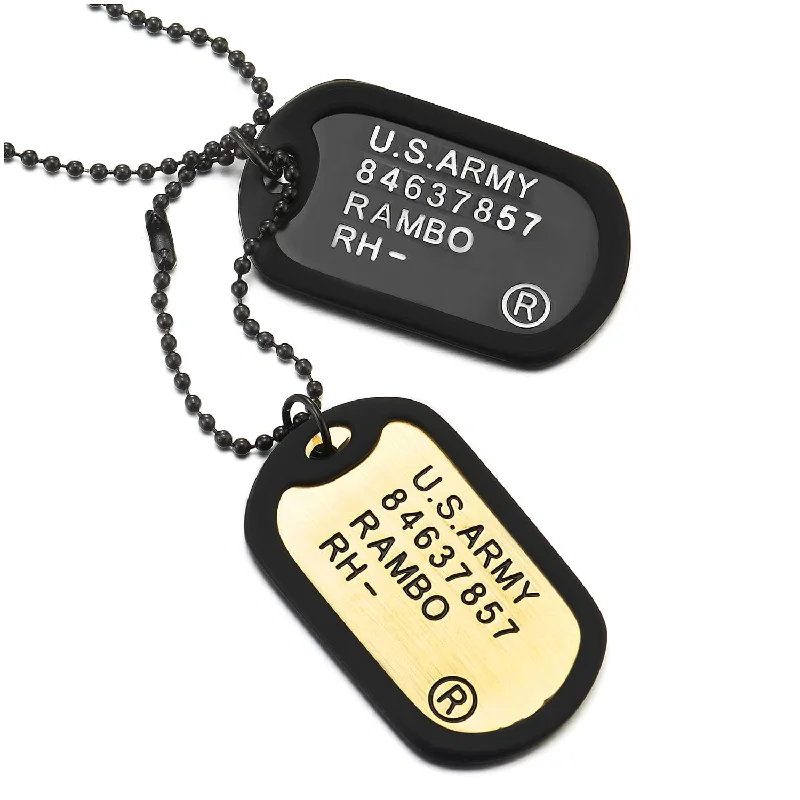 Black and Bronze Two-Pieces Military Army Dog Tag with Black Silicone Pendant Necklace 28 Ball Chain