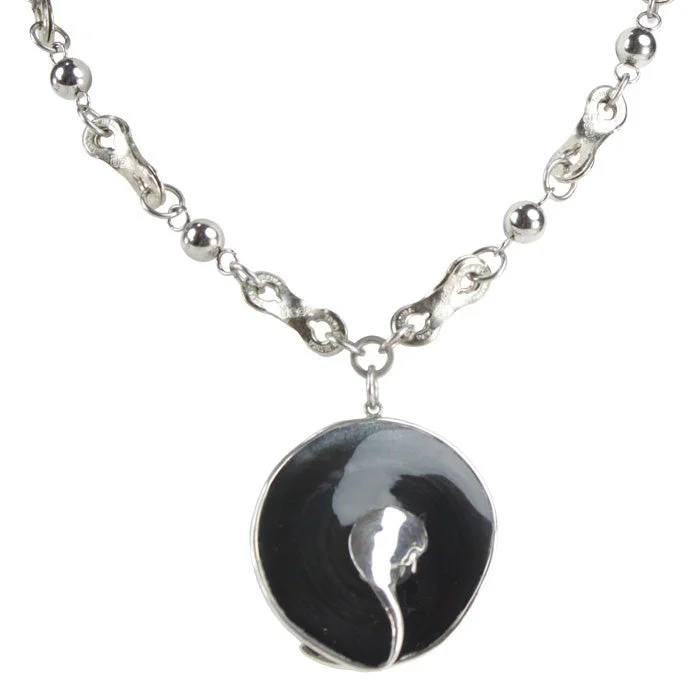 engraved legacy chain necklace-Black Shell & Sterling Silver Swirl Pendant Necklace