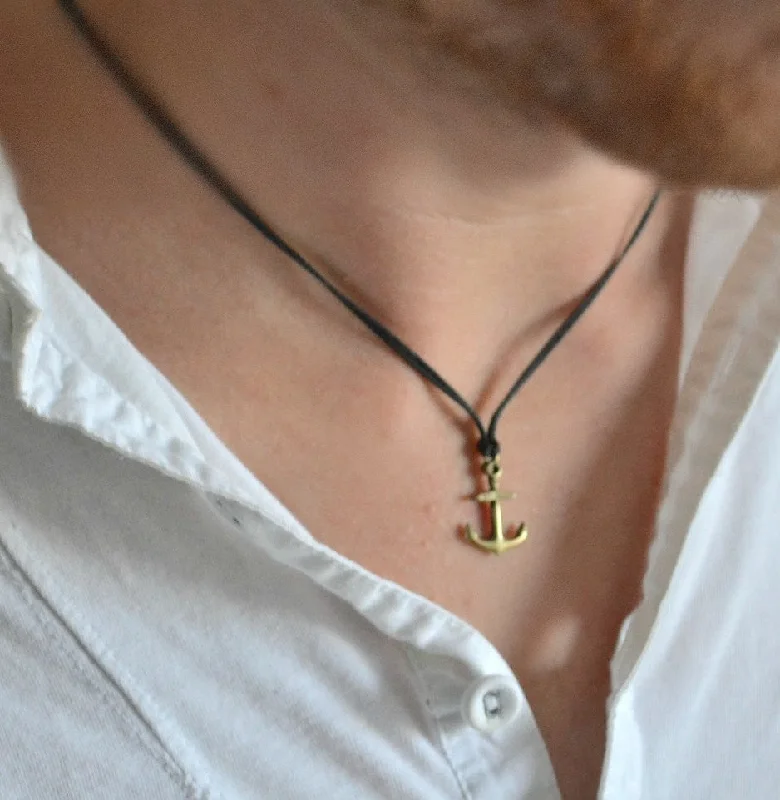 Anchor necklace for men, bronze anchor pendant and a black string, handmade gift for him