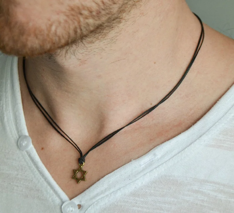 engraved eternity chain necklace-Bronze Star of David necklace for men, black cord