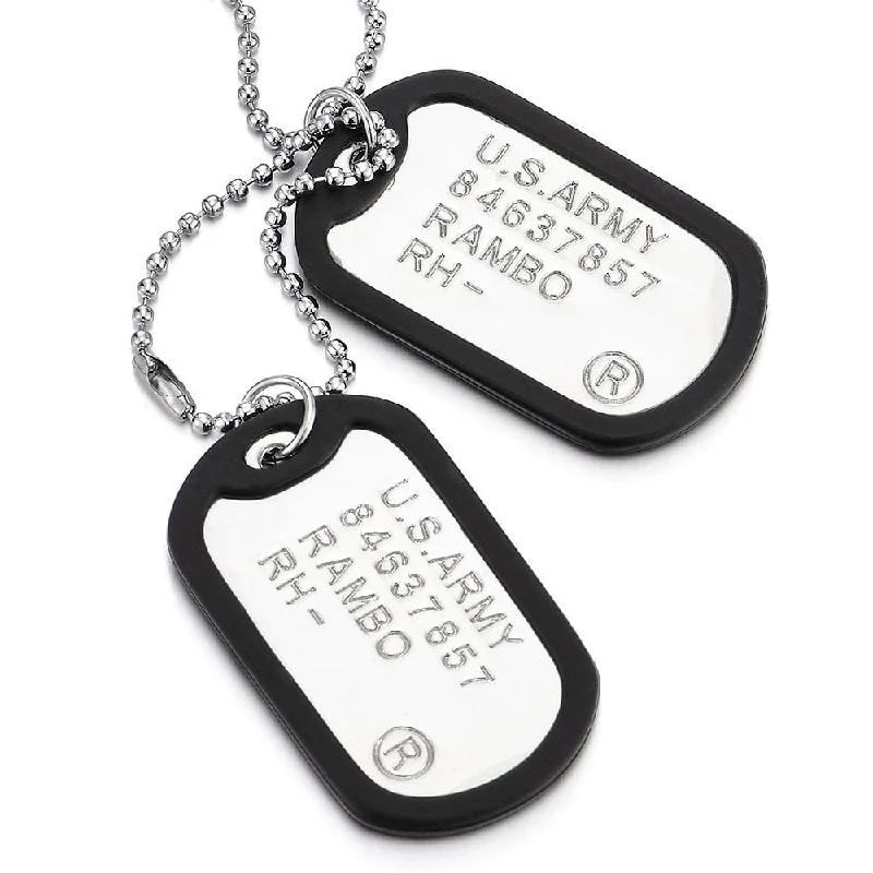 Two-Pieces Military Army Dog Tag with Black Silicone Mens Pendant Necklace, 28 inches Ball Chain