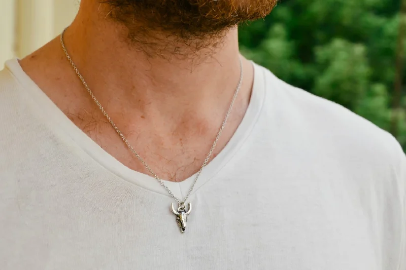 nature-themed crest necklace-Bull's skull head stainless steel chain necklace for men, custom size, gift for him