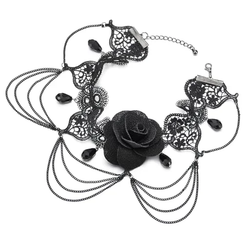 engraved oath chain necklace-COOLSTEELANDBEYOND Gothic Victorian Nostalgic Choker Necklace Ladies Black Rose Flower Lace with Chains and Bead Charms