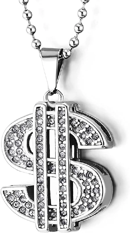 Hip Hop Punk, Mens Womens Steel US Dollar Money Sign Pendant with CZ Necklace, 30 Inches Ball Chain