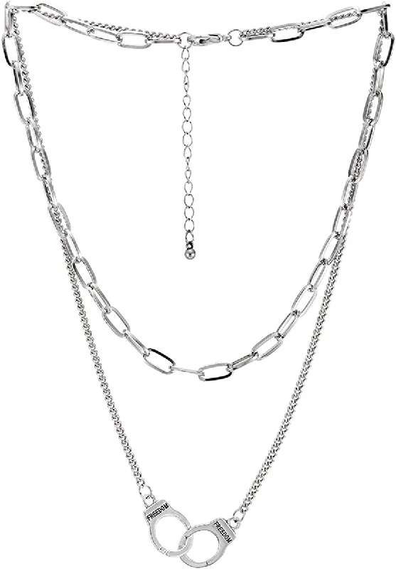 Hipster Womens Handcuff Necklace Two-strand Rolo Chain Oval Link Chain Silver Color, Punk Rock