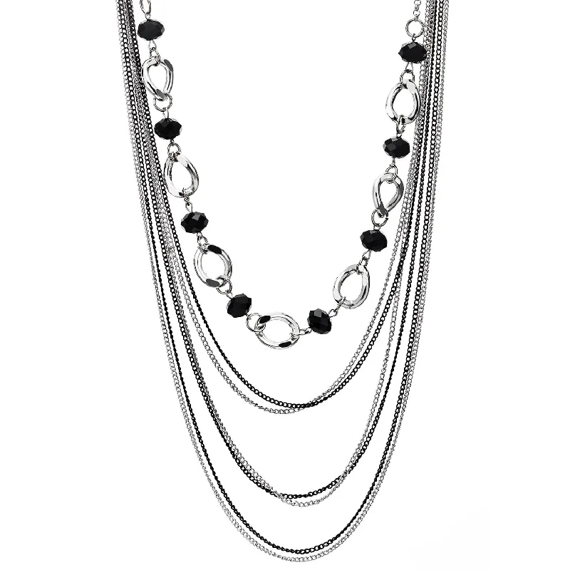 COOLSTEELANDBEYOND Layered Statement Necklace, Crystal Beads, Silver Black Multi-Strand Waterfall Long Chains and Circle Charm