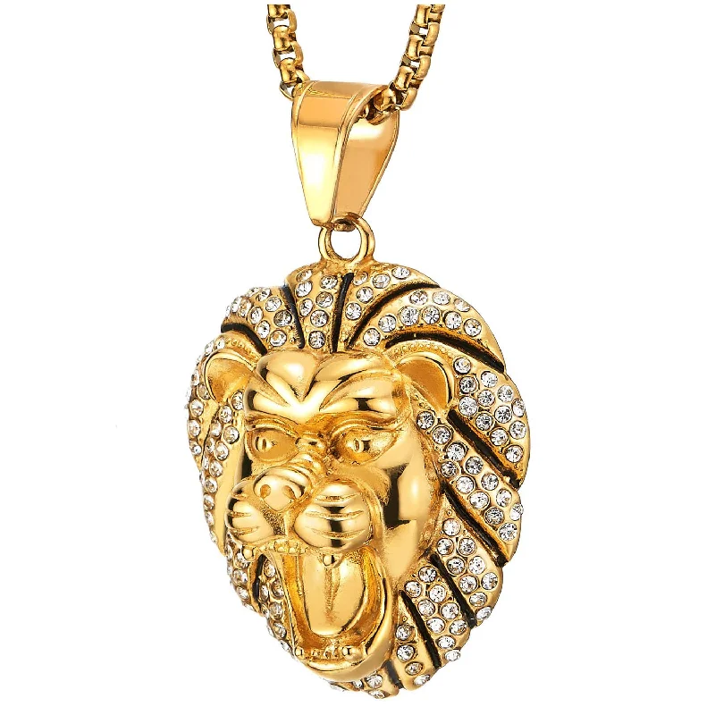 Man Women Gold Color Steel Lion King Pendant Necklace with Cubic Zirconia and Black Enamel Stripes