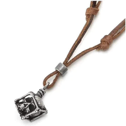 bohemian ridge necklace-COOLSTEELANDBEYOND Mens Vintage Cube Skull Charm Pendant Necklace with Adjustable Brown Leather Cord