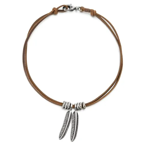 COOLSTEELANDBEYOND Mens Women Two Feathers Pendant, Charm Leather Necklace, Brown Leather Cord Unisex Necklace